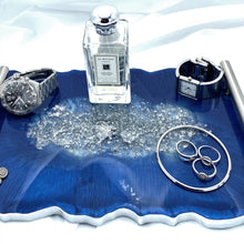 Load image into Gallery viewer, Sapphire Blue Resin Tray with silver flakes to centre. Silver handles and silver edging.