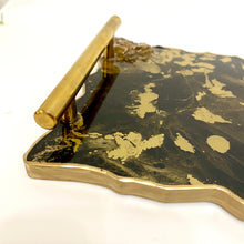 Load image into Gallery viewer, Black and gold tray with floating gold. Gold handles and gold edging.