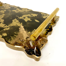 Load image into Gallery viewer, Black and gold tray with floating gold. Gold handles and gold edging.