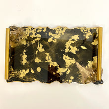 Load image into Gallery viewer, Black and gold tray with floating gold. Gold handles and gold edging.