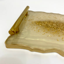 Load image into Gallery viewer, Cream and gold display tray with gold glitter to the central and finished with gold handles and gold edging.