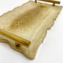 Load image into Gallery viewer, Cream and gold display tray with gold glitter to the central and finished with gold handles and gold edging.