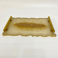 Load image into Gallery viewer, Cream and gold display tray with gold glitter to the central and finished with gold handles and gold edging.