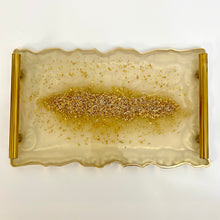 Load image into Gallery viewer, Cream and gold display tray with gold glitter to the central and finished with gold handles and gold edging.