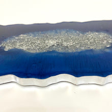 Load image into Gallery viewer, Sapphire Blue Resin Tray with silver flakes to centre. Silver handles and silver edging.