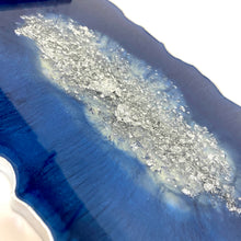 Load image into Gallery viewer, Sapphire Blue Resin Tray with silver flakes to centre. Silver handles and silver edging.