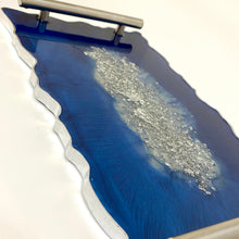 Load image into Gallery viewer, Sapphire Blue Resin Tray with silver flakes to centre. Silver handles and silver edging.