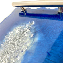 Load image into Gallery viewer, Sapphire Blue Resin Tray with silver flakes to centre. Silver handles and silver edging.
