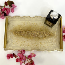Load image into Gallery viewer, Cream and gold display tray with gold glitter to the central and finished with gold handles and gold edging.