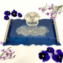 Load image into Gallery viewer, Sapphire Blue Resin Tray with silver flakes to centre. Silver handles and silver edging.