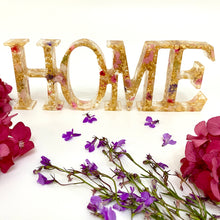 Load image into Gallery viewer, Light Up Word Sign 'HOME' - Real Pink and Purple Flowers