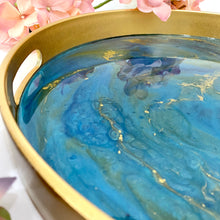 Load image into Gallery viewer, Gold Drinks Tray created in turquoise blue green gold resin coated tray for carrying drinks with carrying handles