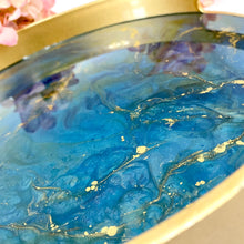 Load image into Gallery viewer, Gold Drinks Tray created in turquoise blue green gold resin coated tray for carrying drinks with carrying handles