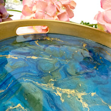 Load image into Gallery viewer, Gold Drinks Tray created in turquoise blue green gold resin coated tray for carrying drinks with carrying handles
