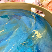 Load image into Gallery viewer, Gold Drinks Tray created in turquoise blue green gold resin coated tray for carrying drinks with carrying handles