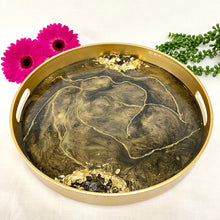 Load image into Gallery viewer, black and gold resin coated drinks tray with carry handles. Crushed glass to the sides and finished with gold gliter lines and gold leaf.
