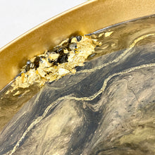 Load image into Gallery viewer, black and gold resin coated drinks tray with carry handles. Crushed glass to the sides and finished with gold gliter lines and gold leaf.