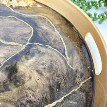 Load image into Gallery viewer, black and gold resin coated drinks tray with carry handles. Crushed glass to the sides and finished with gold gliter lines and gold leaf.