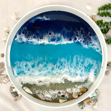 Load image into Gallery viewer, Resin coated white tray with beach theme with waves and real sand and real shells. With carrying handles.