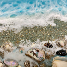 Load image into Gallery viewer, Resin coated white tray with beach theme with waves and real sand and real shells. With carrying handles.