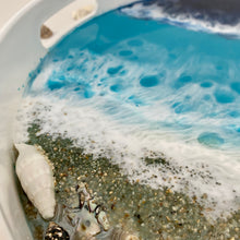 Load image into Gallery viewer, Resin coated white tray with beach theme with waves and real sand and real shells. With carrying handles.