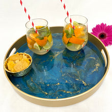 Load image into Gallery viewer, Gold Drinks Tray created in turquoise blue green gold resin coated tray for carrying drinks with carrying handles