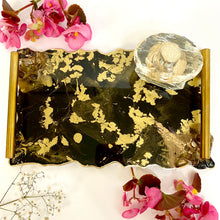 Load image into Gallery viewer, Black and gold tray with floating gold. Gold handles and gold edging.
