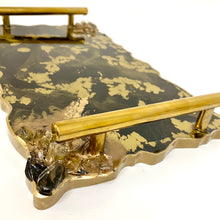 Load image into Gallery viewer, Black and gold tray with floating gold. Gold handles and gold edging.
