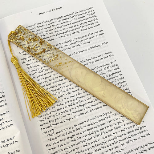 Bookmark, glitter bookmark, handmade bookmark, cream and gold bookmark, resin bookmark