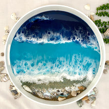 Load image into Gallery viewer, Resin coated white tray with beach theme with waves and real sand and real shells. With carrying handles. 
