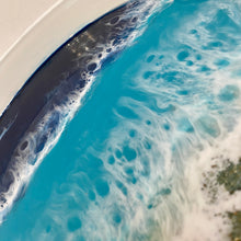 Load image into Gallery viewer, Resin coated white tray with beach theme with waves and real sand and real shells. With carrying handles. 
